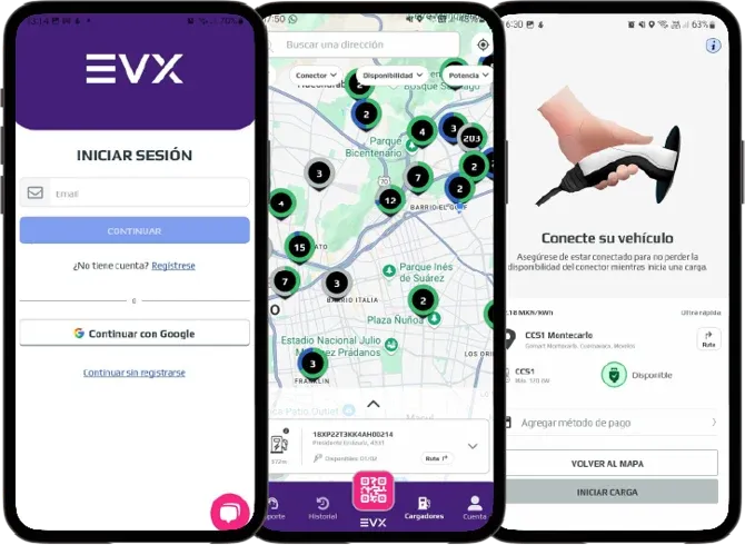 App EVX: inicio de sesión, mapa de cargadores y pantalla de carga